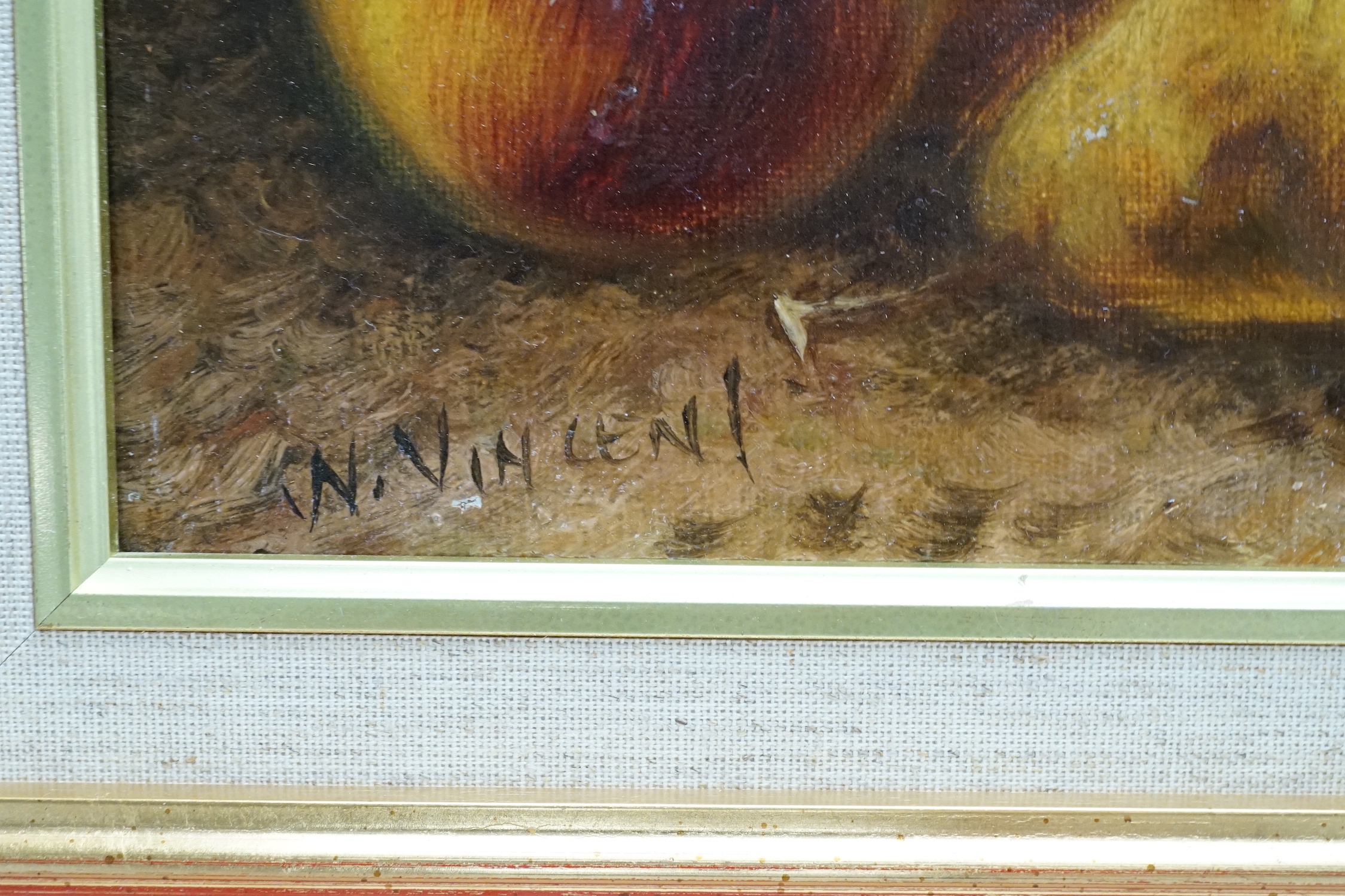 N. Vincent, oil on canvas, Still life of fruit and flowers, signed, 24 x 35cm